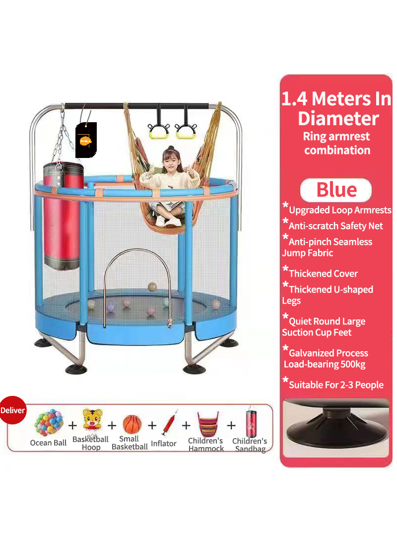 1.4m Children's Trampoline 360 Degree Circular Armrest Horizontal Bar Children's Indoor Home Trampoline Bouncing Bed With Guard Net  toddlers kids trampoline Toys Birthday Gifts for Kids Gifts for Boy and Girl
