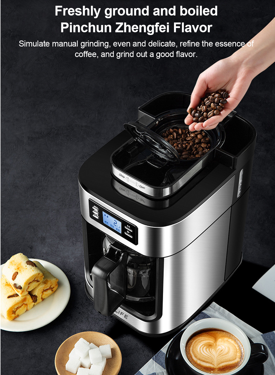 Automatic American Drip Coffee Machine LCD Display Coffee Maker Built-in Coffee Bean Grind Function 1L 1050W BG315T Black Silver