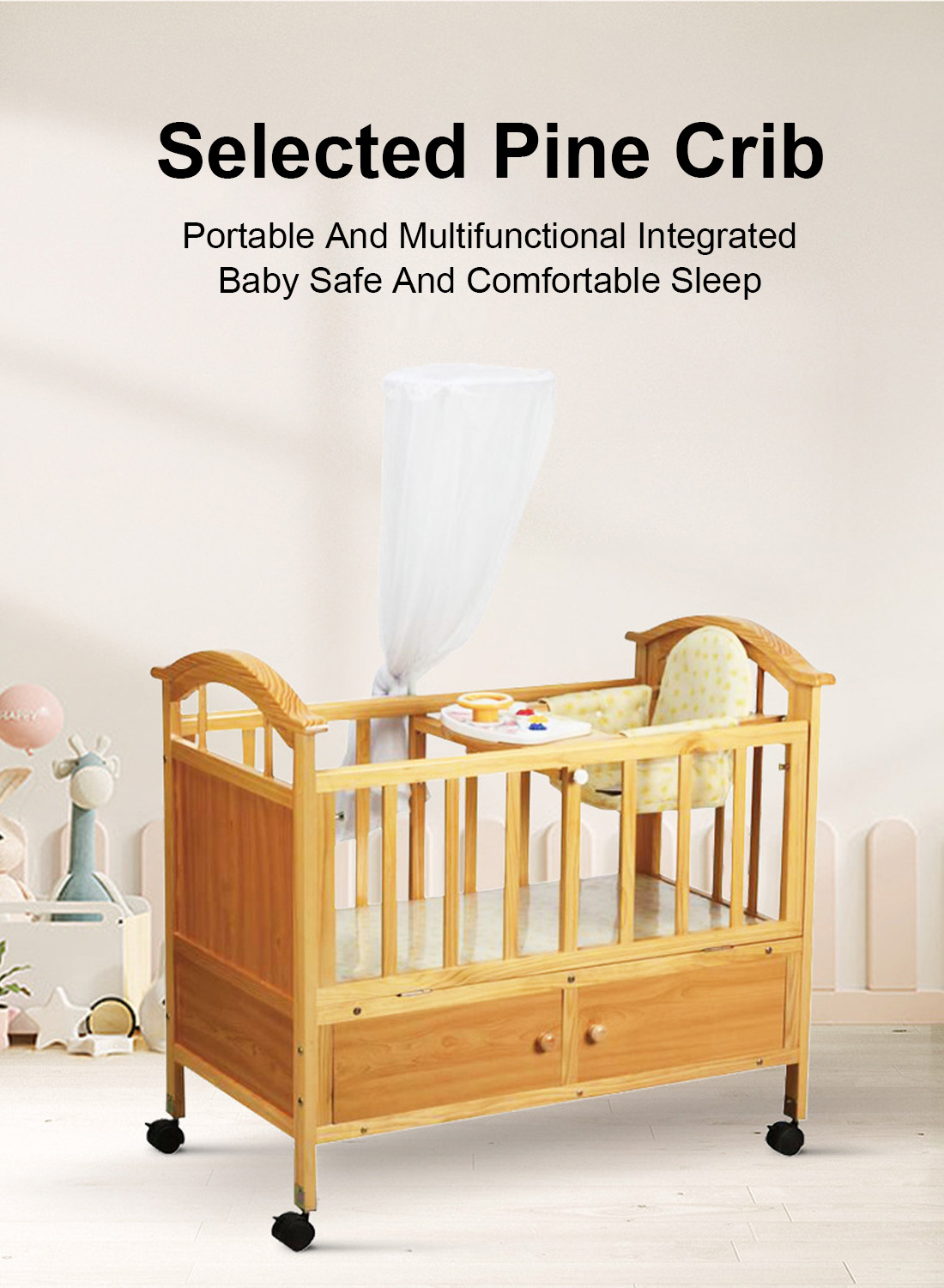 متعددة الوظائف السرير خشب الصنوبر لؤلؤة بيضاء سرير الأطفال حديثي الولادة سرير المهد 0-3 سنوات مع بكرات