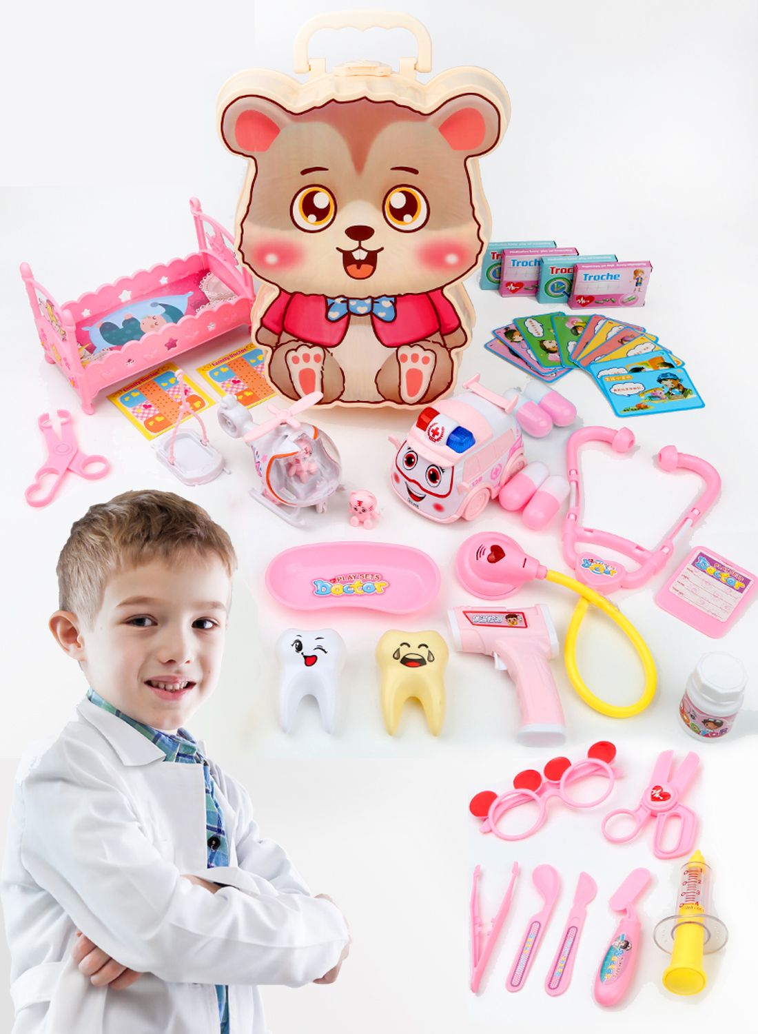 طبيب الأطفال مجموعة ، مجموعة من 3-5 سنوات من العمر 45 قطعة ، مجموعة طب الأسنان للأطفال ، الفتيان والفتيات ألعاب المرح - لعب دور