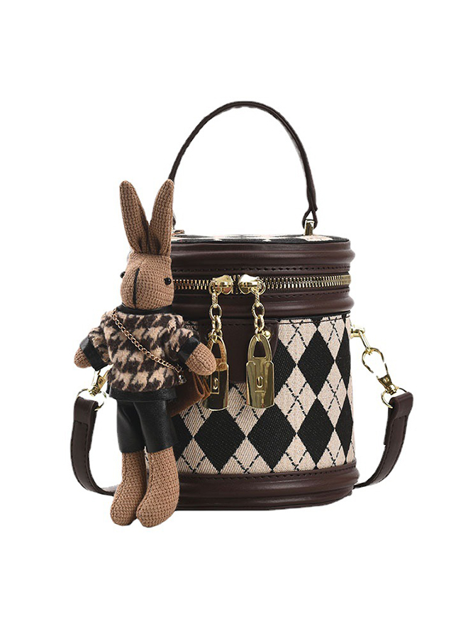Rhombic السيدات عارضة حقيبة يد دلو كتف رسول حقيبة سستة ، مع قلادة لطيف أرنب دمية 19 × 15 × 8cm