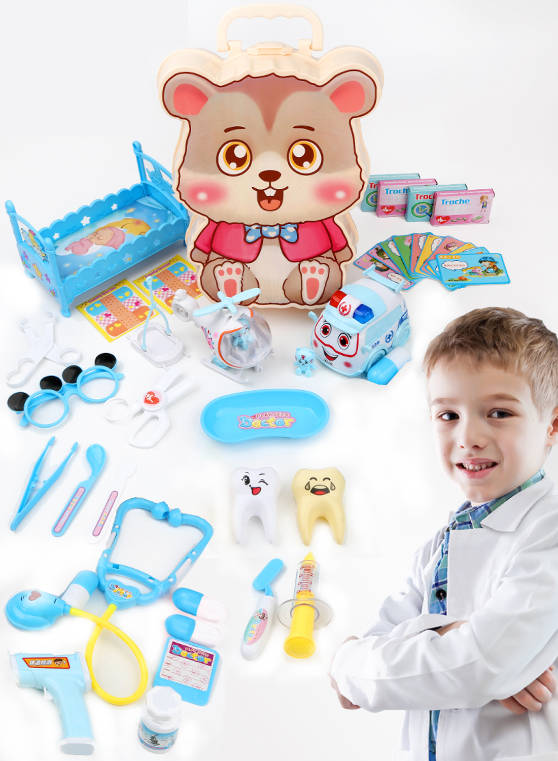طبيب الأطفال مجموعة ، مجموعة من 3-5 سنوات من العمر 45 قطعة ، مجموعة طب الأسنان للأطفال ، الفتيان والفتيات ألعاب المرح - لعب دور