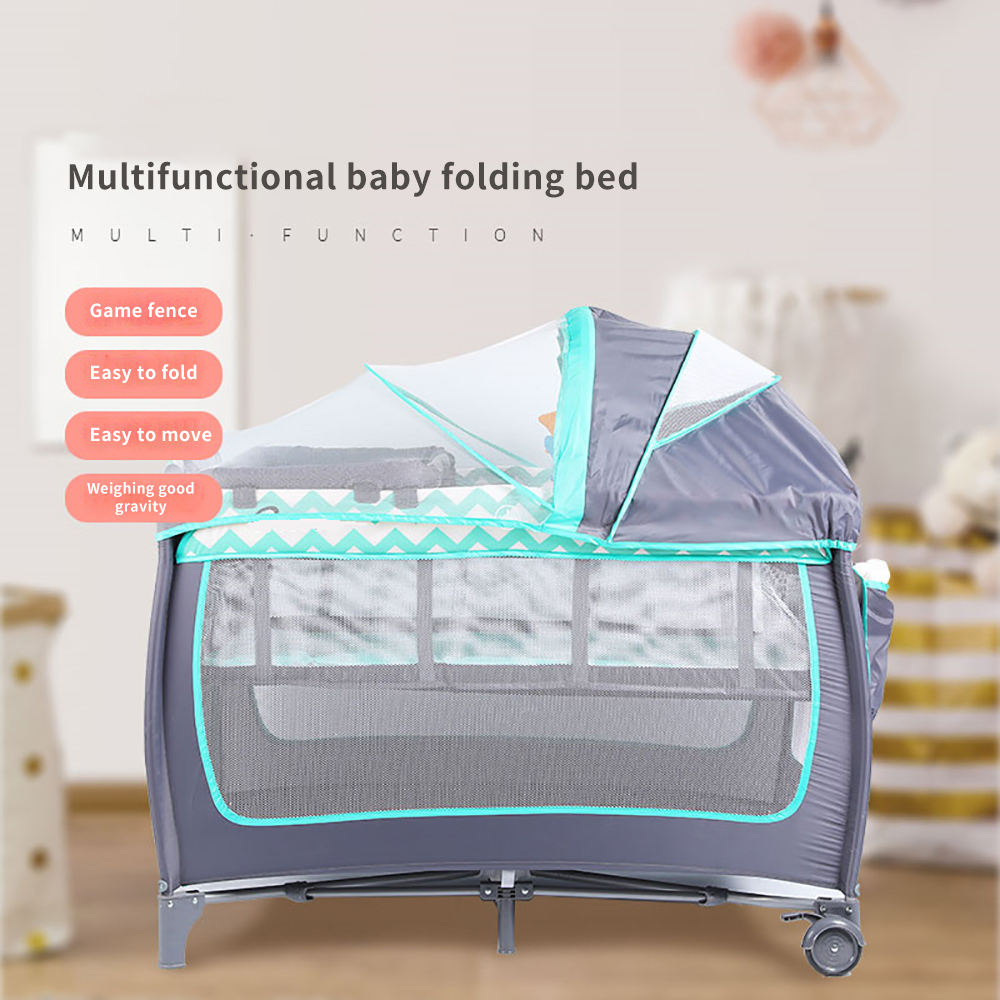 Baby Folding Bed (with Storage Bag, Wheels, Mosquito Net, Mattress, Arch Toy, Changing Table)