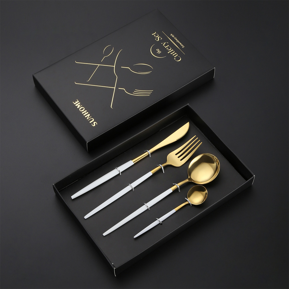 4 قطعة مجموعة أدوات المائدة الفولاذ المقاوم للصدأ الأبيض / الذهبي