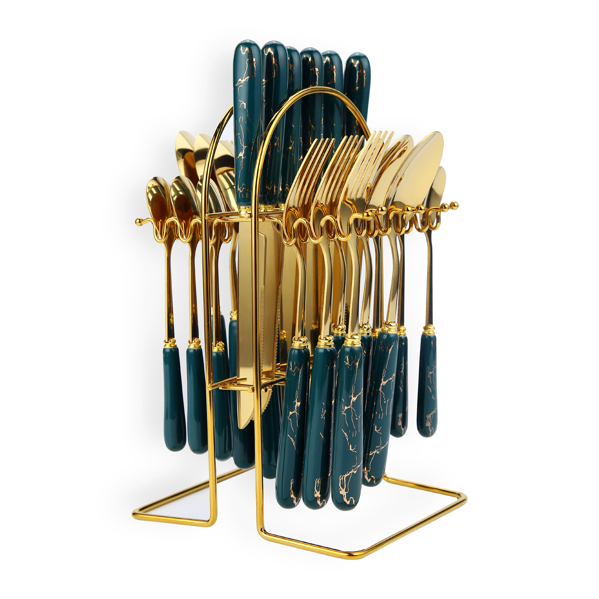 24 قطعة مجموعة أدوات المائدة الفولاذ المقاوم للصدأ ، مع حامل الأخضر / الذهب