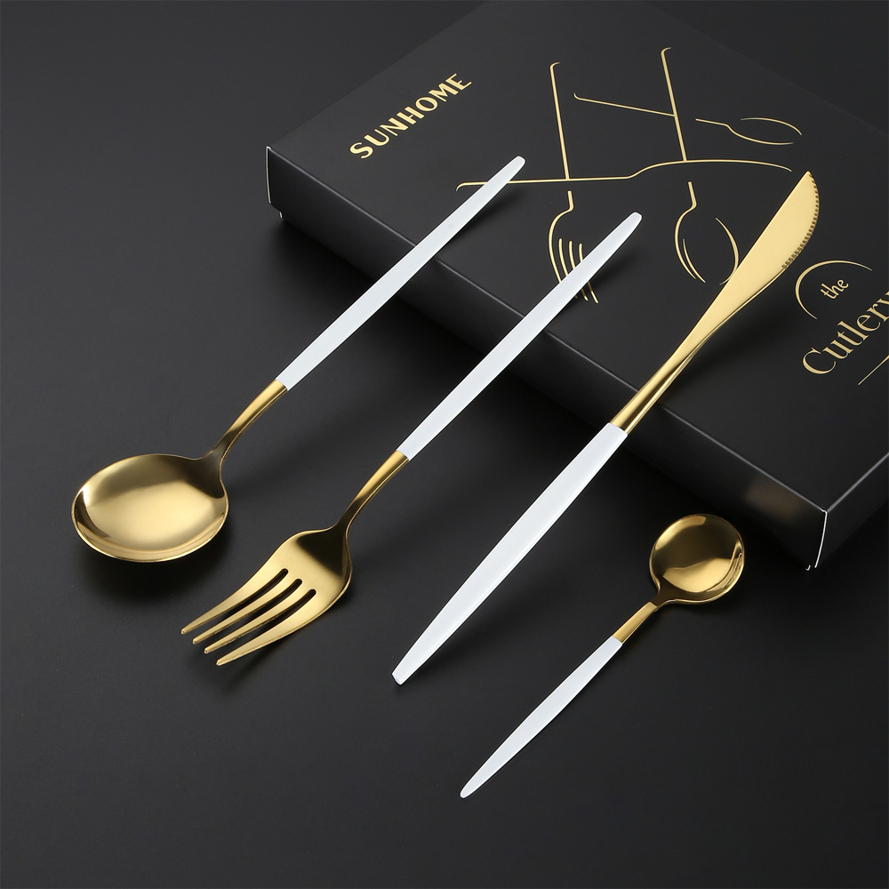 4 قطعة مجموعة أدوات المائدة الفولاذ المقاوم للصدأ الأبيض / الذهبي