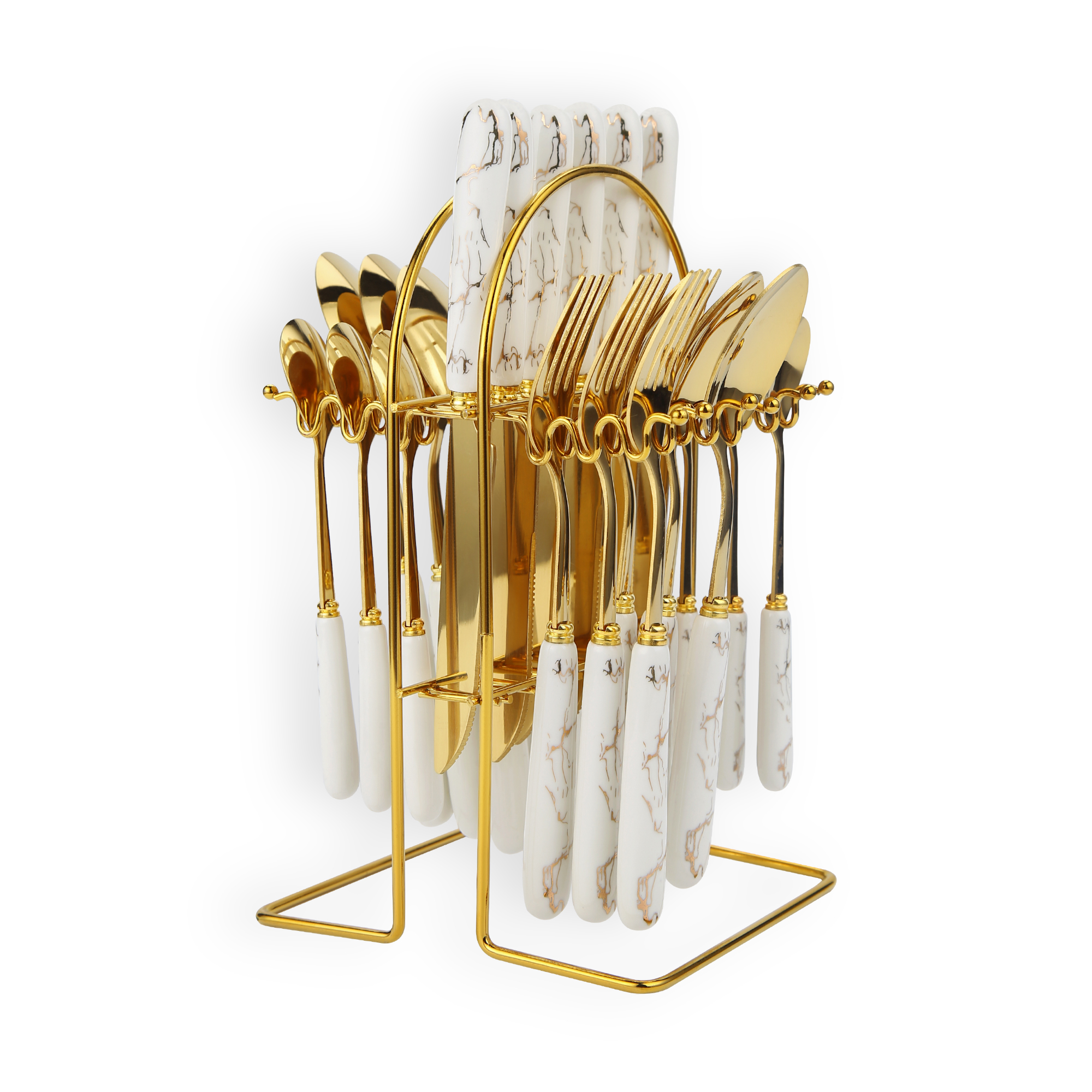 24 قطعة مجموعة أدوات المائدة الفولاذ المقاوم للصدأ ، مع حامل أبيض / ذهبي