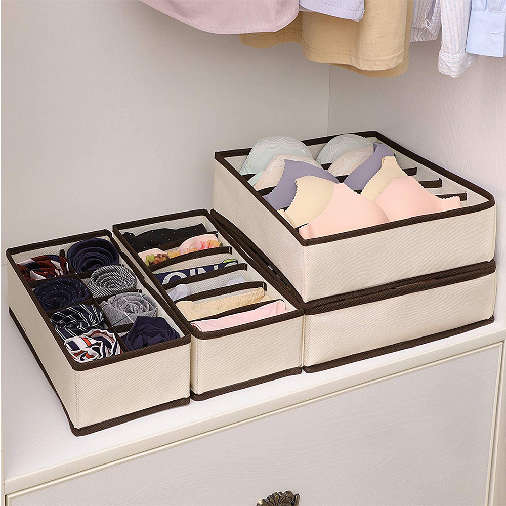 Closet Underwear Organizer, Foldable Fabric Storage Box Drawer Divider Set, Beige