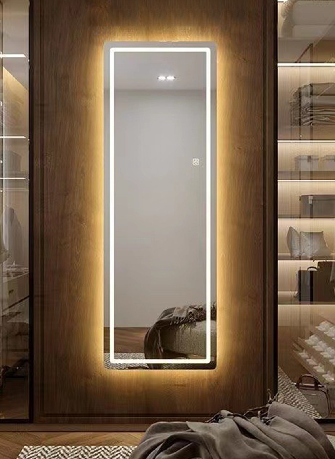 غرفة نوم الجدار شنقا نوع LED كامل طول مرآة مصباح دافئ مع لمسة زر 50 * 160cm