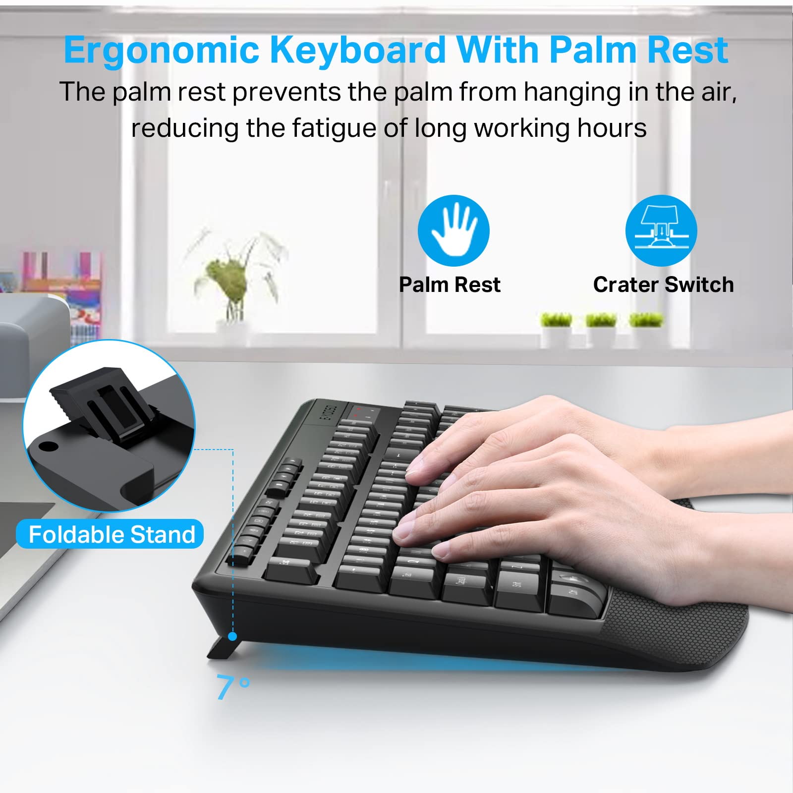 اللاسلكية لوحة المفاتيح والفأرة ، e-yoso 2.4G كامل الحجم لوحة المفاتيح المريحة ، مع وسادة النخيل ، ويندوز ، ماك