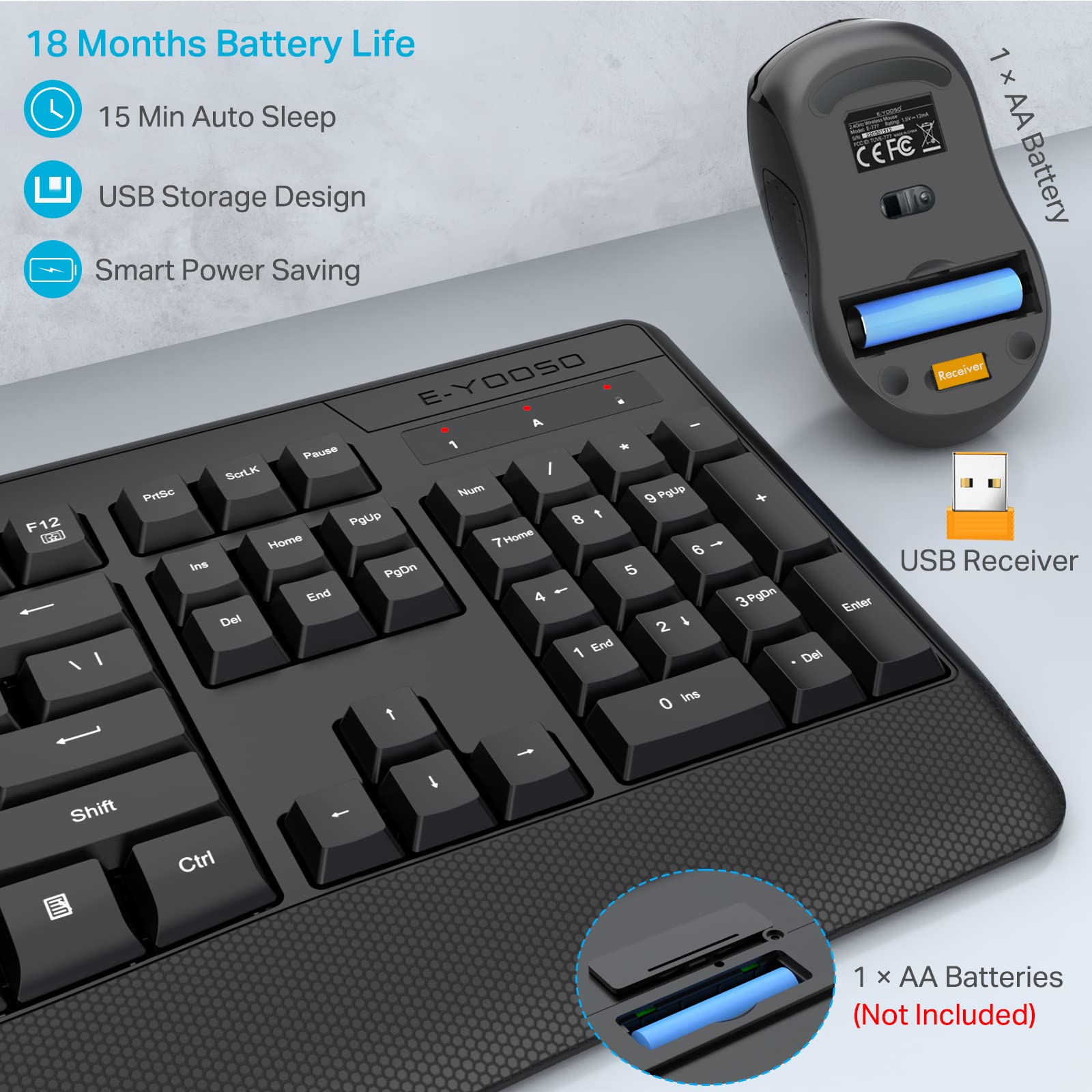 اللاسلكية لوحة المفاتيح والفأرة ، e-yoso 2.4G كامل الحجم لوحة المفاتيح المريحة ، مع وسادة النخيل ، ويندوز ، ماك