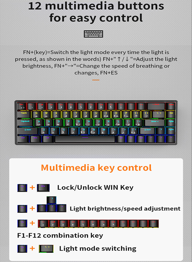 العربية والإنجليزية السلكية لوحة المفاتيح لعبة ، 68 مفاتيح الأزرق مكتب التبديل الميكانيكية لوحة المفاتيح لعبة الأسود