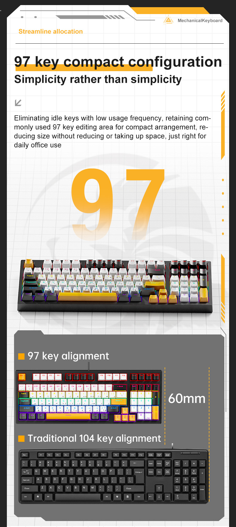 العربية والإنجليزية السلكية لوحة المفاتيح لعبة ، مع الخلفية RGB ، 97 مفتاح التبديل الأحمر ، لوحة المفاتيح الميكانيكية للألعاب مكتب