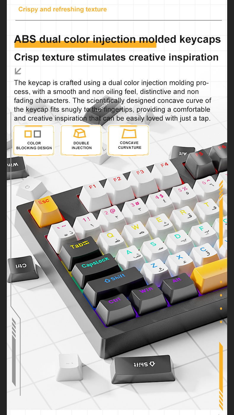 العربية والإنجليزية السلكية لوحة المفاتيح لعبة ، مع الخلفية RGB ، 97 مفتاح التبديل الأحمر ، لوحة المفاتيح الميكانيكية للألعاب مكتب