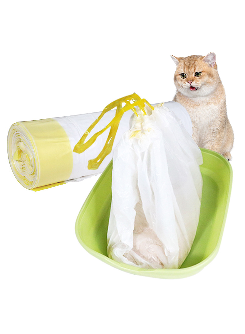 القط البراز حوض اصطف مع سميكة سحب الحبل كيس القمامة والأبيض المستمر المتداول كيس السماد القط