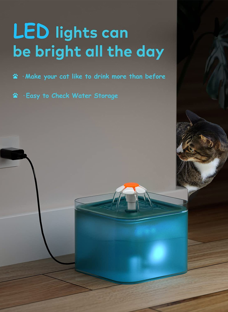 نافورة القط ، سوبر كتم القط نافورة 67oz / 2L ، مع أضواء LED ، فلتر الكربون النشط ، القط والجرو الحيوانات الأليفة نافورة 16 * 16 * 12.6cm