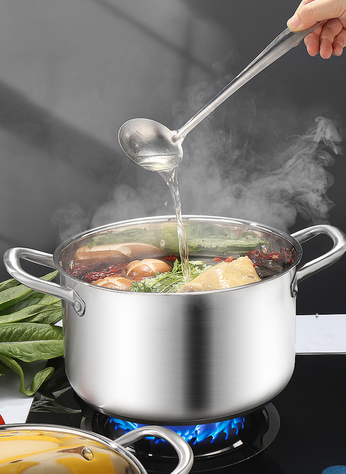 304 الفولاذ المقاوم للصدأ وعاء الحساء المكثف المنزلية 24cm